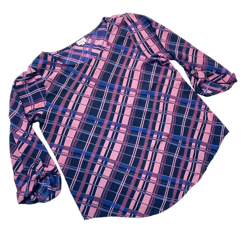 🍀PIXLEY Purple Semi-sheer Plaid Blouse Women’s Size Small